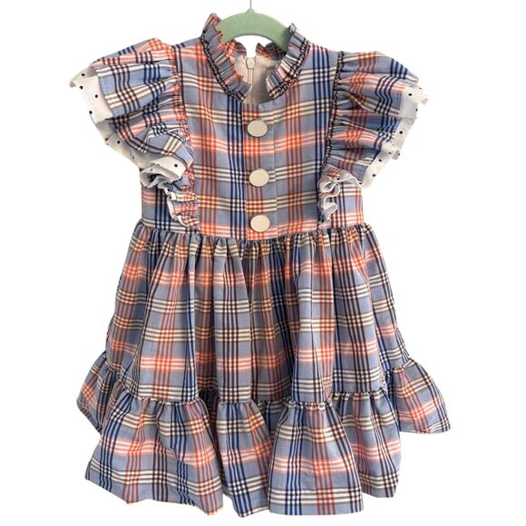 Toddler Girls Plaid Ruffle Spanish Dress With Button Front & Short Sleeves 24 Mo - Picture 1 of 6